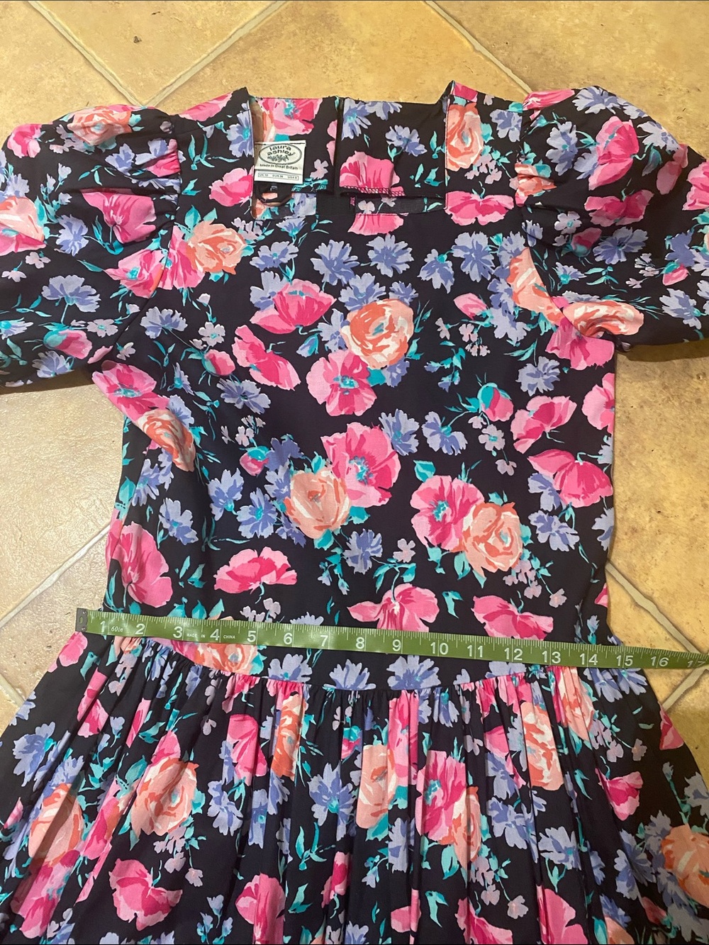 Laura Ashley vintage puff-Sleeve Midi Dress - Black with Pink & Peach Blossoms - Picture 5 of 6